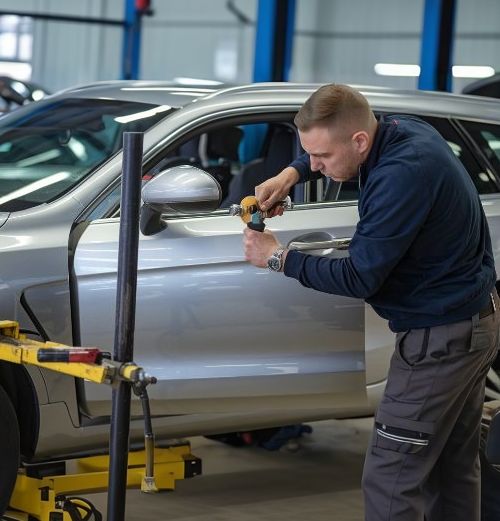 auto body tech doing paintless dent repair at marina auto body Collision Repair Services Paintless Dent Repair